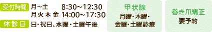 診療時間:月～土9:00-13:00 月～金14:00-18:00 休診日:日・祝日、土曜午後　甲状腺外来:火曜・水曜休診　巻き爪矯正:要予約